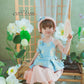 Girl Blue Gold 3D Orchid Yem Ao Dai Set with Skirt and Headband