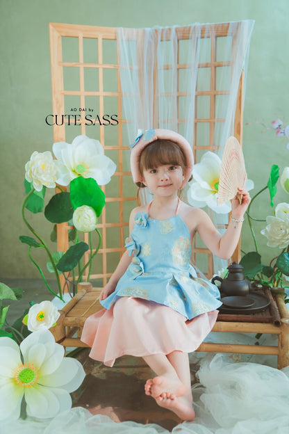 Girl Blue Gold 3D Orchid Yem Ao Dai Set with Skirt and Headband 10C