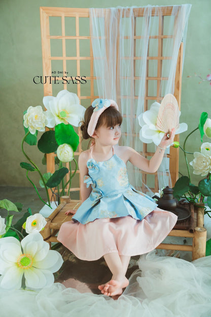 Girl Blue Gold 3D Orchid Yem Ao Dai Set with Skirt and Headband 10C