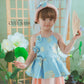 Girl Blue Gold 3D Orchid Yem Ao Dai Set with Skirt and Headband