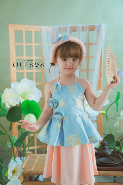 Girl Blue Gold 3D Orchid Yem Ao Dai Set with Skirt and Headband 10C