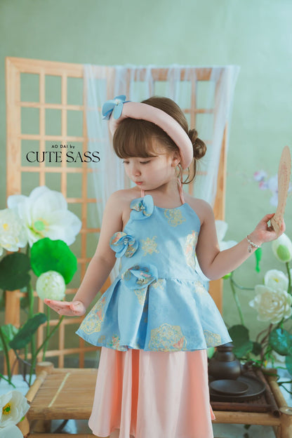 Girl Blue Gold 3D Orchid Yem Ao Dai Set with Skirt and Headband 10C