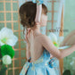 Girl Blue Gold 3D Orchid Yem Ao Dai Set with Skirt and Headband