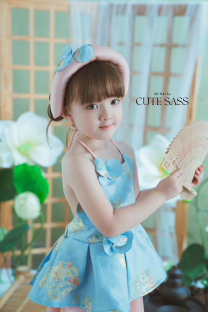 Girl Blue Gold 3D Orchid Yem Ao Dai Set with Skirt and Headband 10C