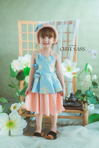 Girl Blue Gold 3D Orchid Yem Ao Dai Set with Skirt and Headband 10C