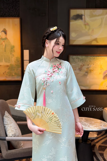 Cyan Mid Sleeve 3D Cherry Blossoms Ao Dai Top Only, No Pants