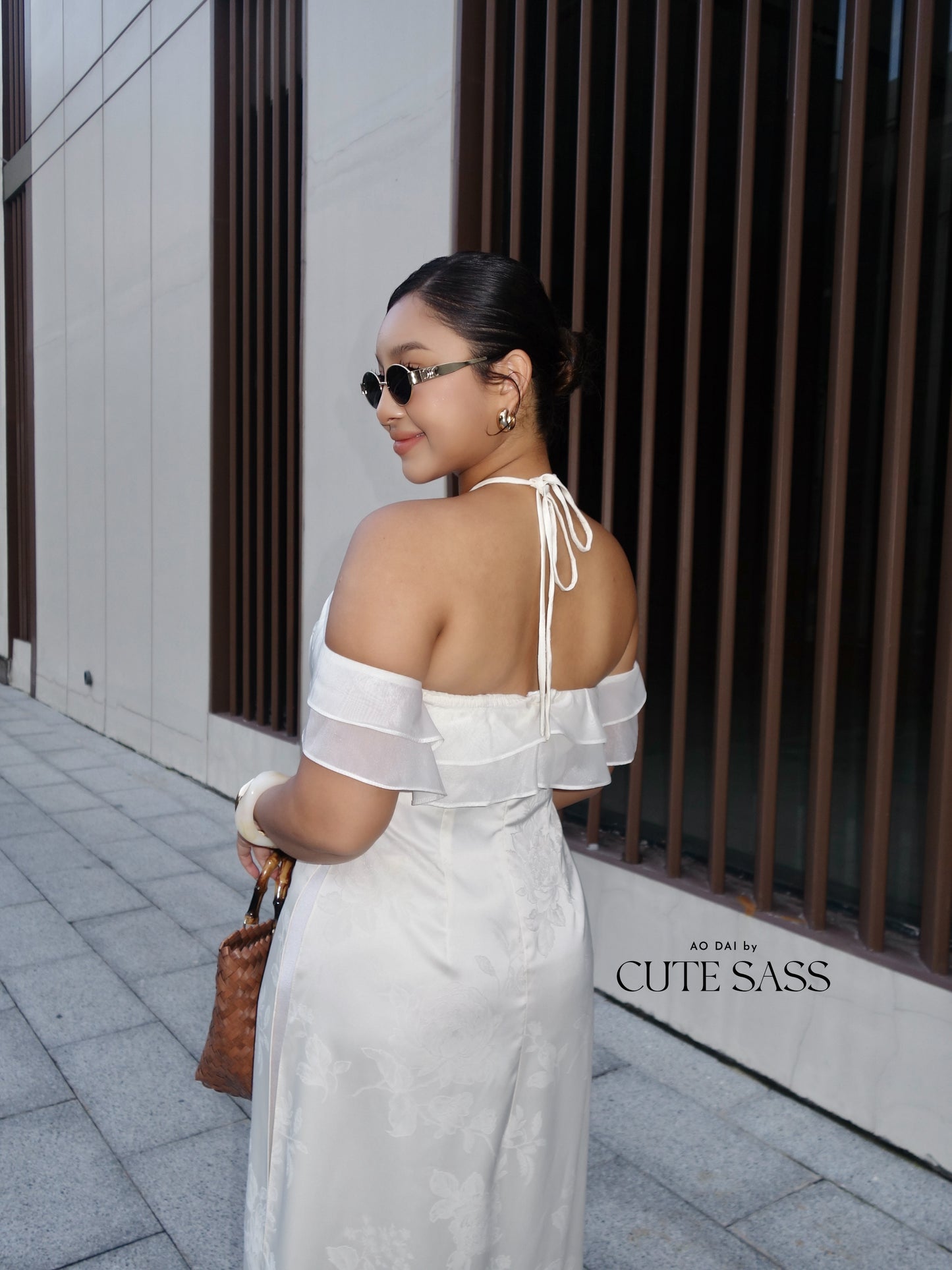 Linh Vy - Hush White Halter Off Shoulder Wing Sleeves Ao Dai Top Only, No Pants