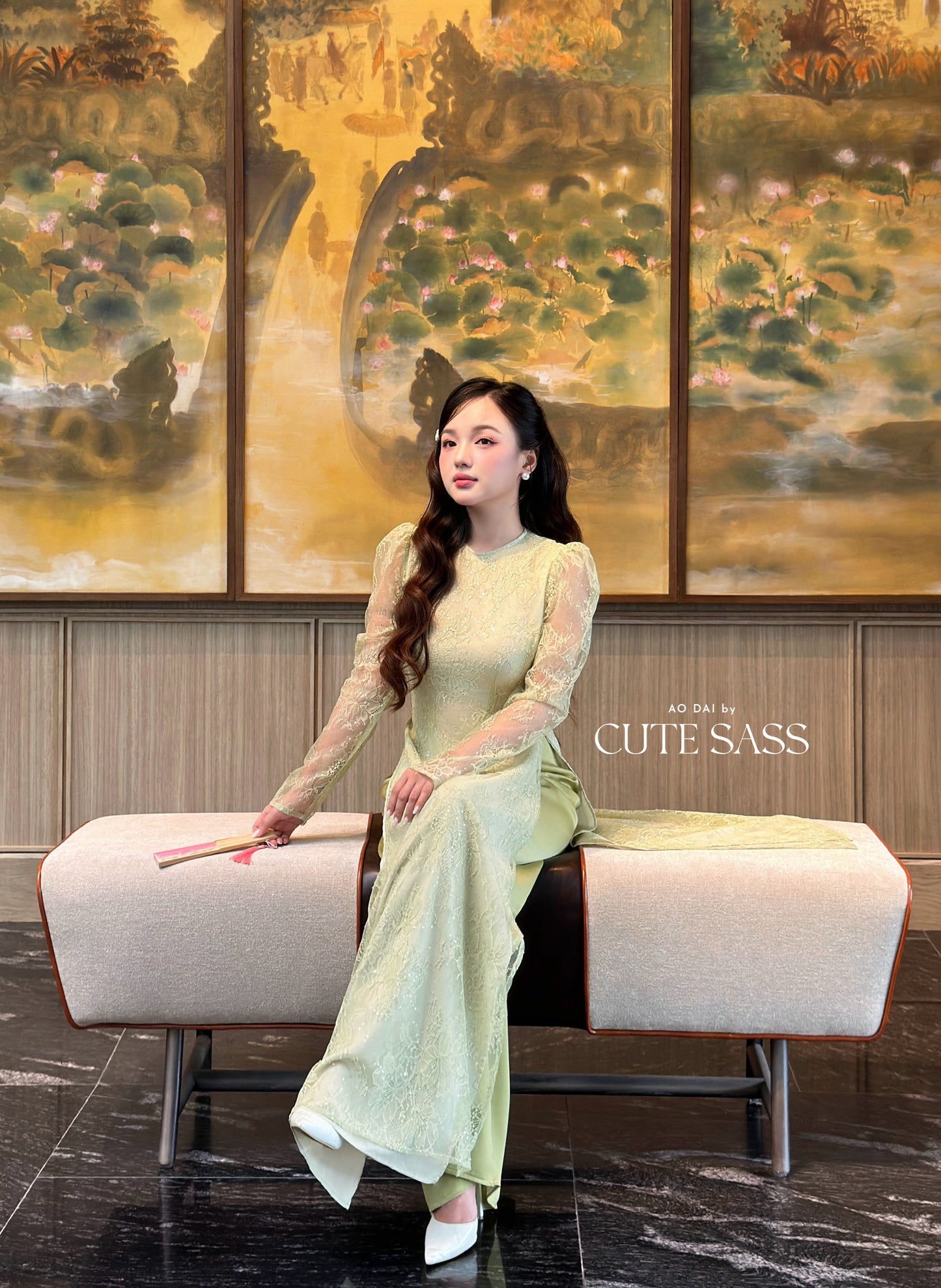 Linh Vy - Green Lace Round Collar Puffy Sleeves Ao Dai Top Only, No Pants