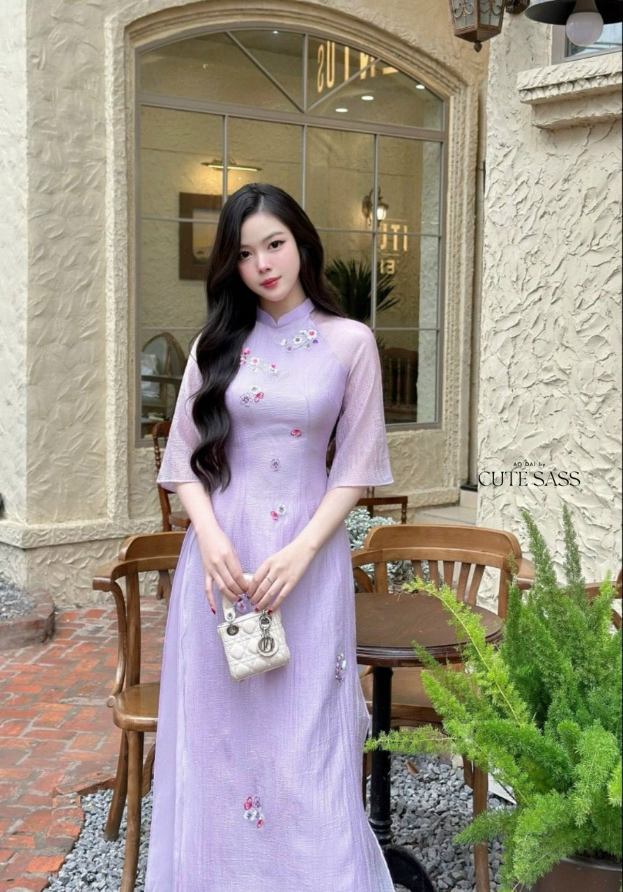 Purple Embroidery Chiffon Ao Dai Set