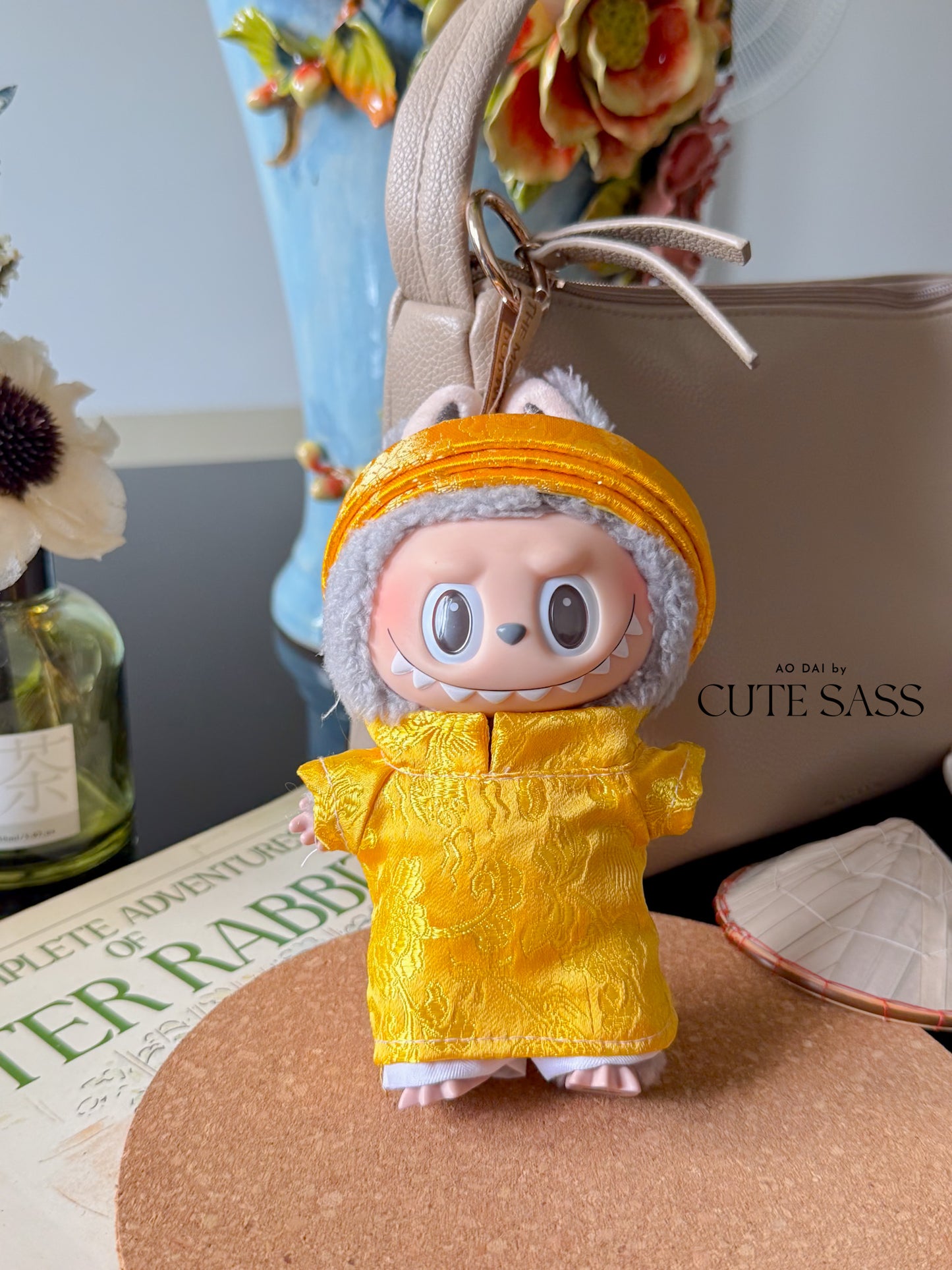 Yellow Gam Vietnamese Ao Dai Set for Labubu – Includes Pants & Headband (Doll Not Included)