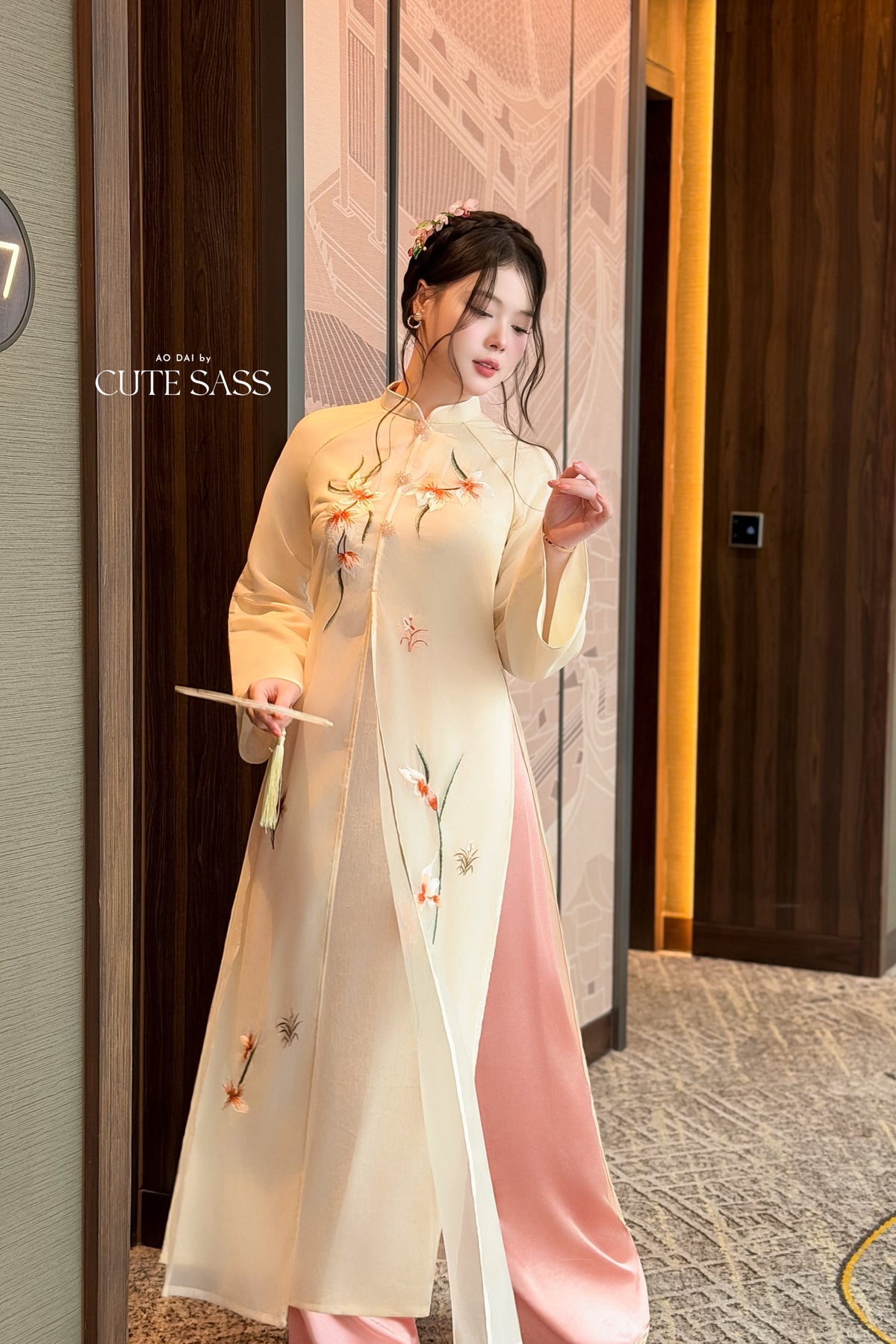 Cream Front Slit Embroidery Iris Chiffon Ao Dai Top Only, No Pants
