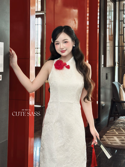 Linh Vy - White Rose Asymmetrical Ao Dai Top Only, No Pants 3E