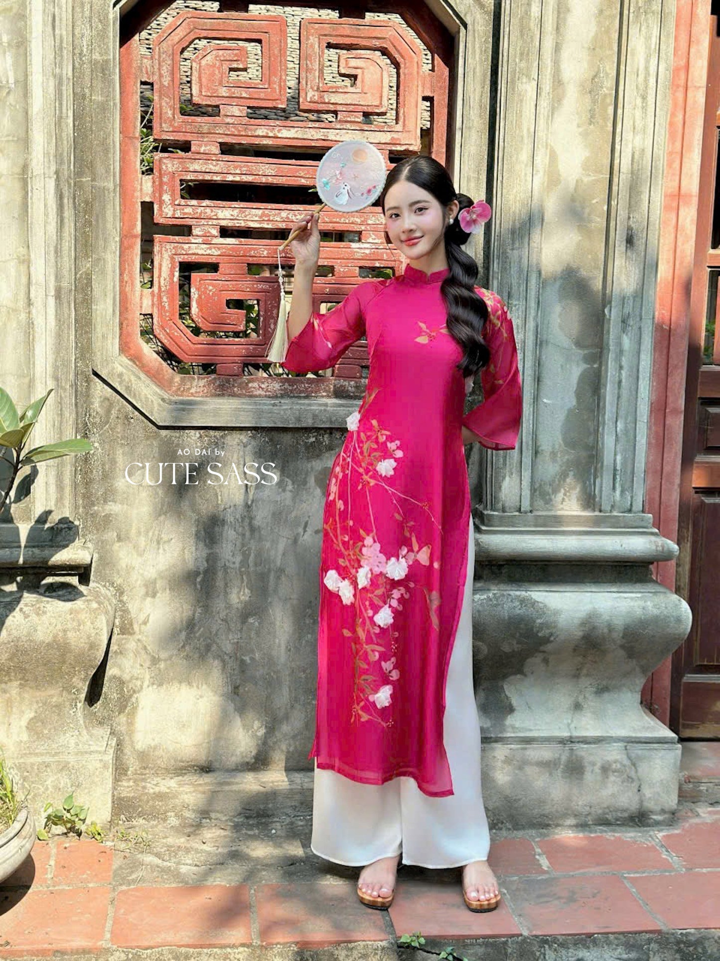 Fuchsia 3D Branches Ao Dai Set 1B