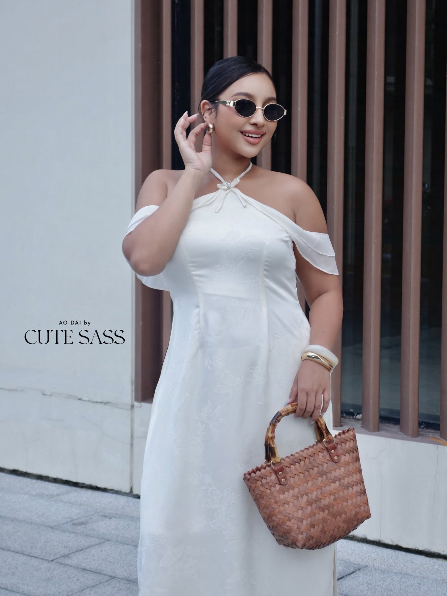 Linh Vy - Hush White Halter Off Shoulder Wing Sleeves Ao Dai Top Only, No Pants