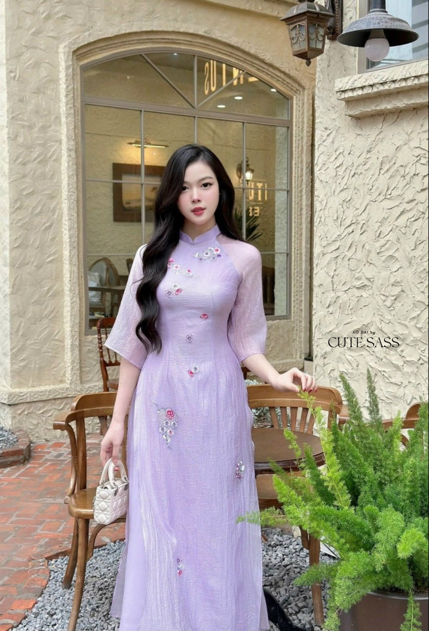 Purple Embroidery Chiffon Ao Dai Set