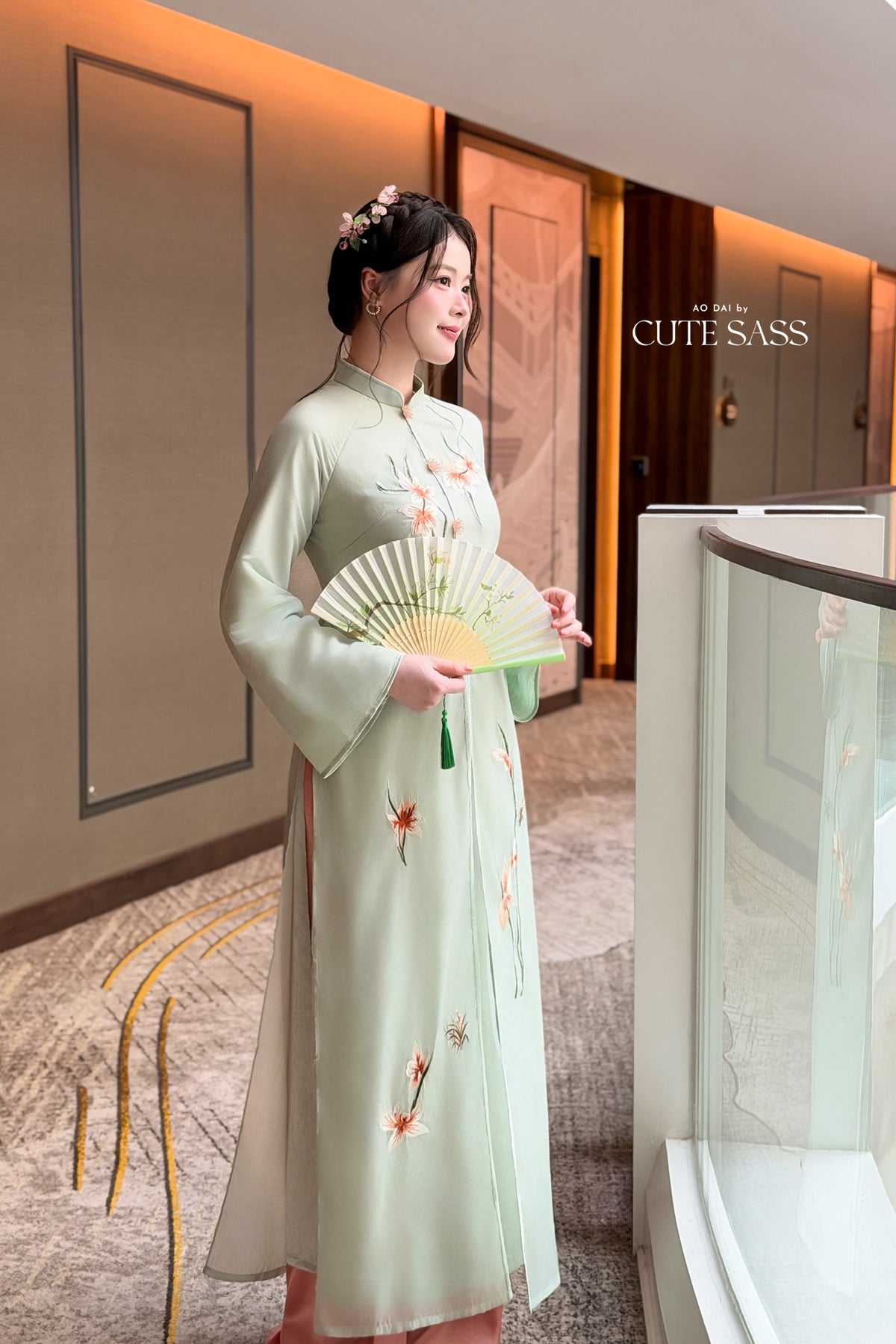 Cyan Front Slit Embroidery Iris Chiffon Ao Dai Top Only, No Pants