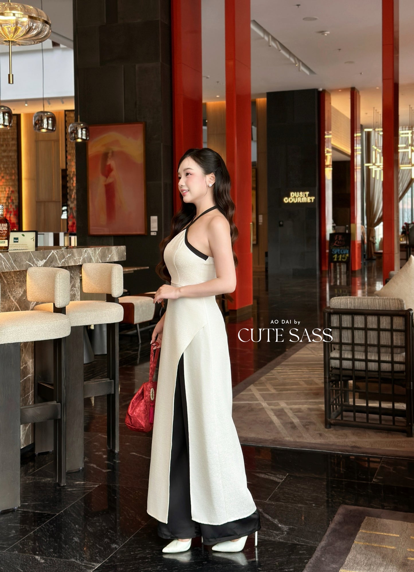 Linh Vy - Black/White Glance Cross Halter Ao Dai Set