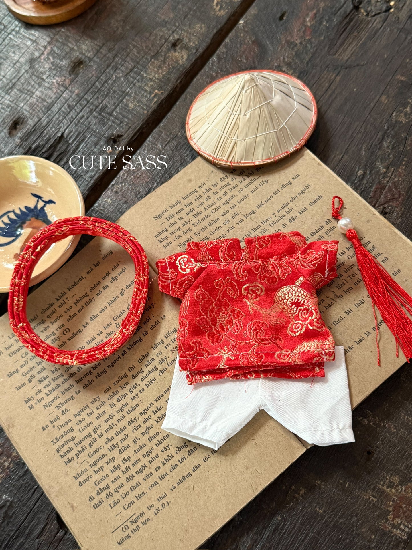 Red Gam Vietnamese Ao Dai Set for Labubu – Includes Pants & Headband (Doll Not Included)