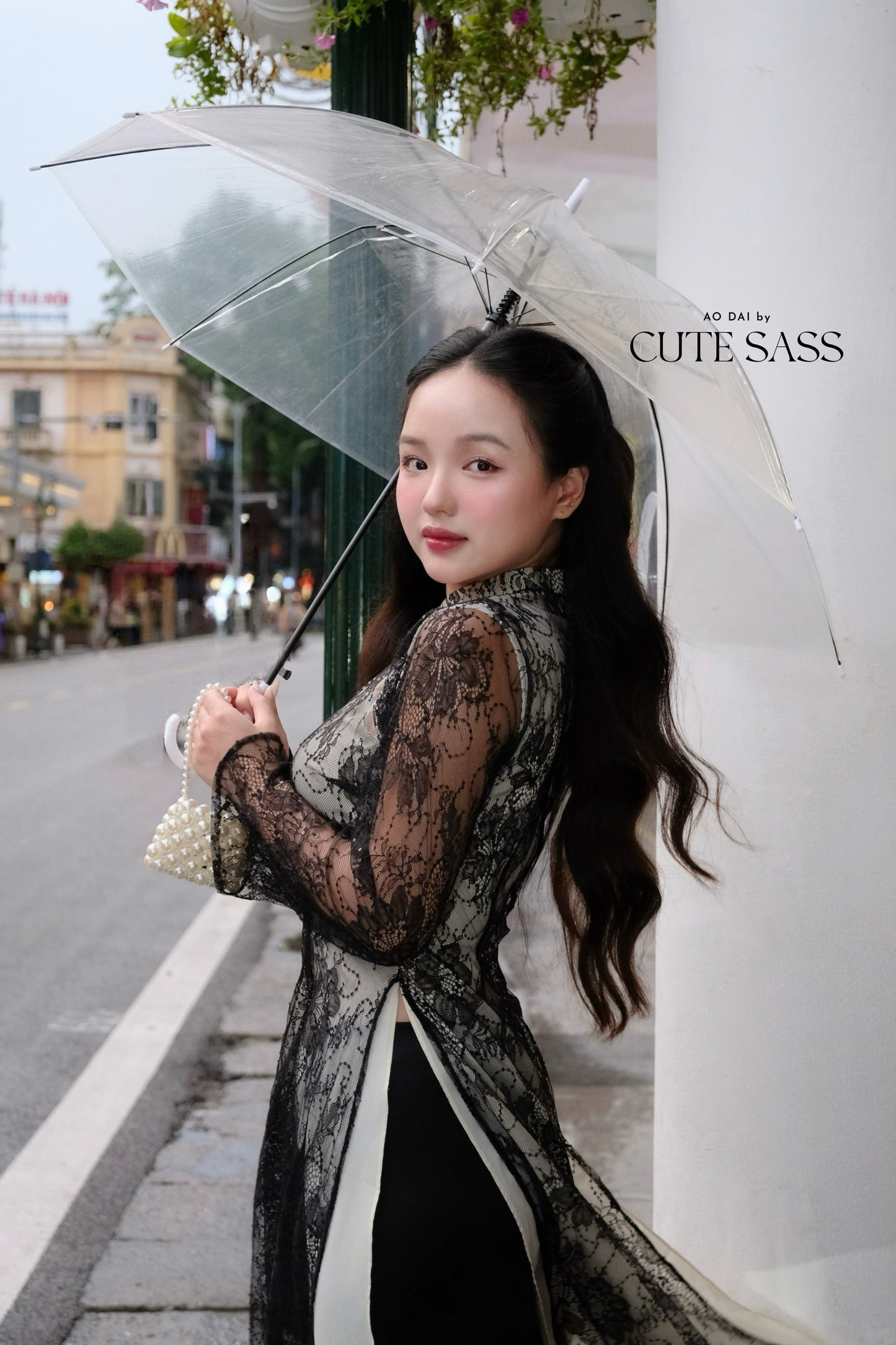 Linh Vy - Black Lace Cutout Ao Dai Top Only, No Pants