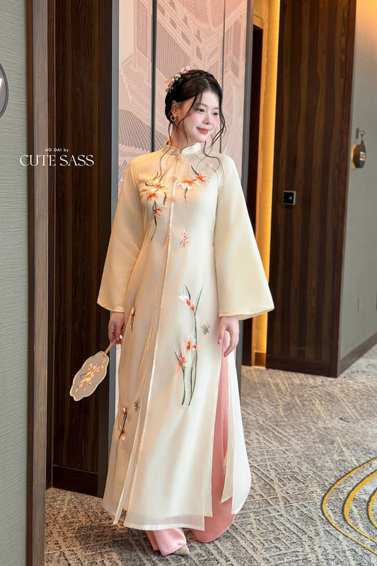Cream Front Slit Embroidery Iris Chiffon Ao Dai Top Only, No Pants