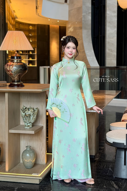 Cyan Silk Long Sleeve High Collar Ao Dai Set