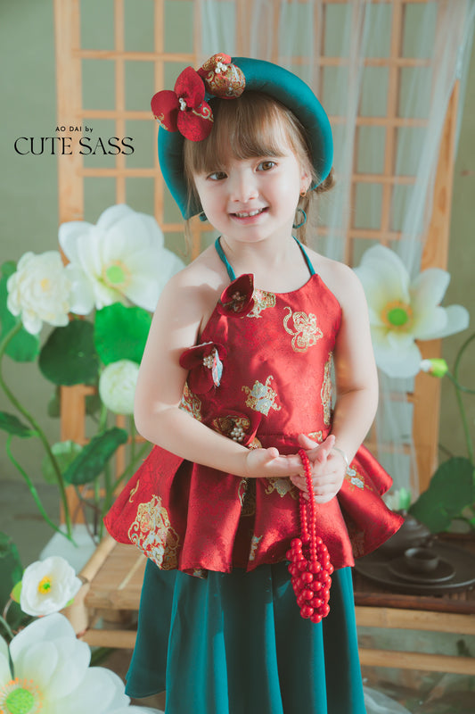 Girl Red Gold 3D Orchid Yem Ao Dai Set with Skirt and Headband