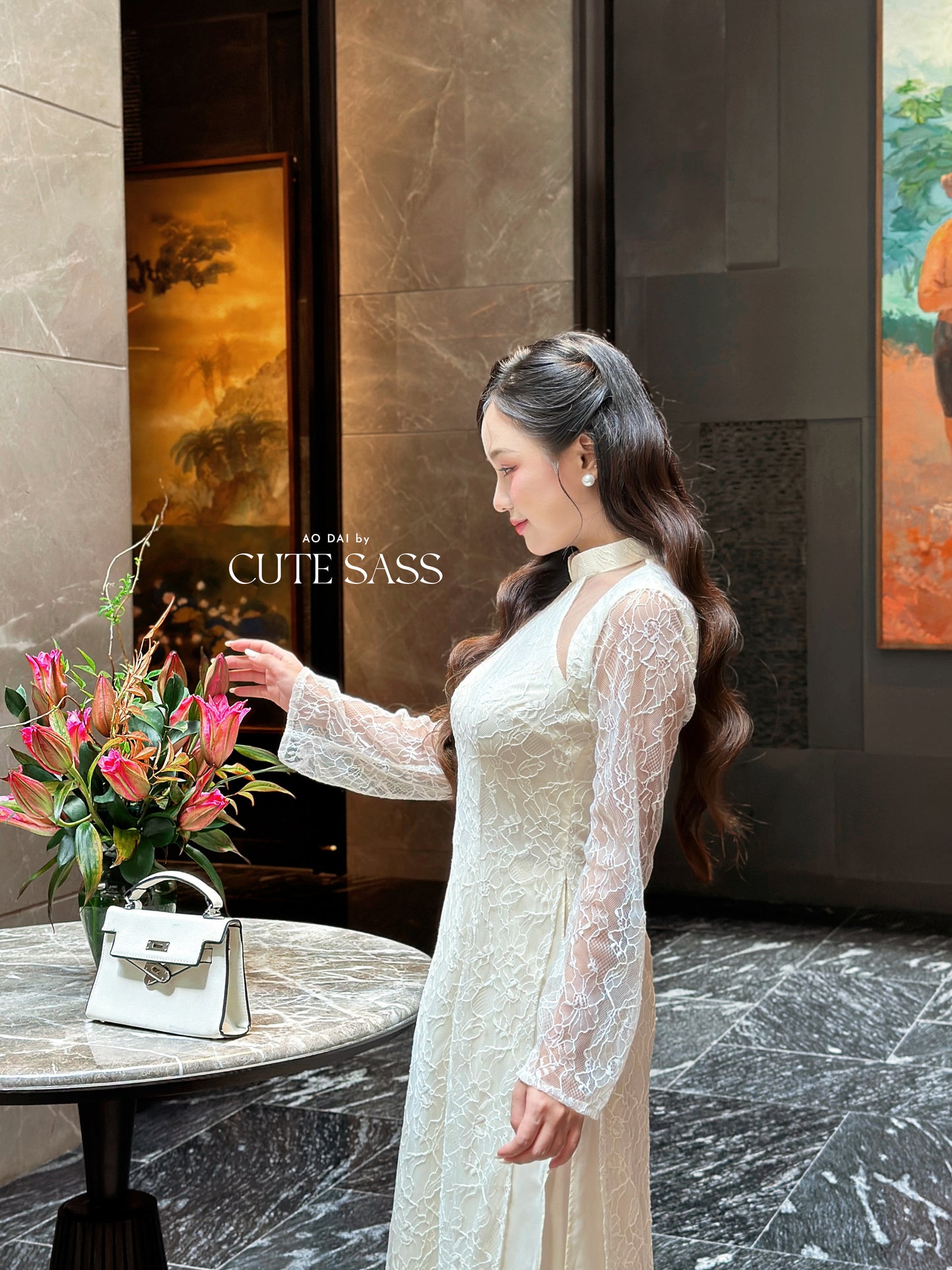 Linh Vy - Cream Lace Cutout Ao Dai Top Only, No Pants