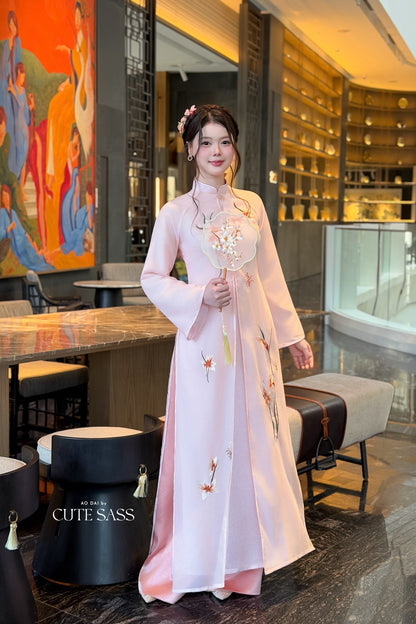 Pink Front Slit Embroidery Iris Chiffon Ao Dai Top Only, No Pants