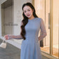 Linh Vy - Blue Lace Round Collar Puffy Sleeves Ao Dai Top Only, No Pants
