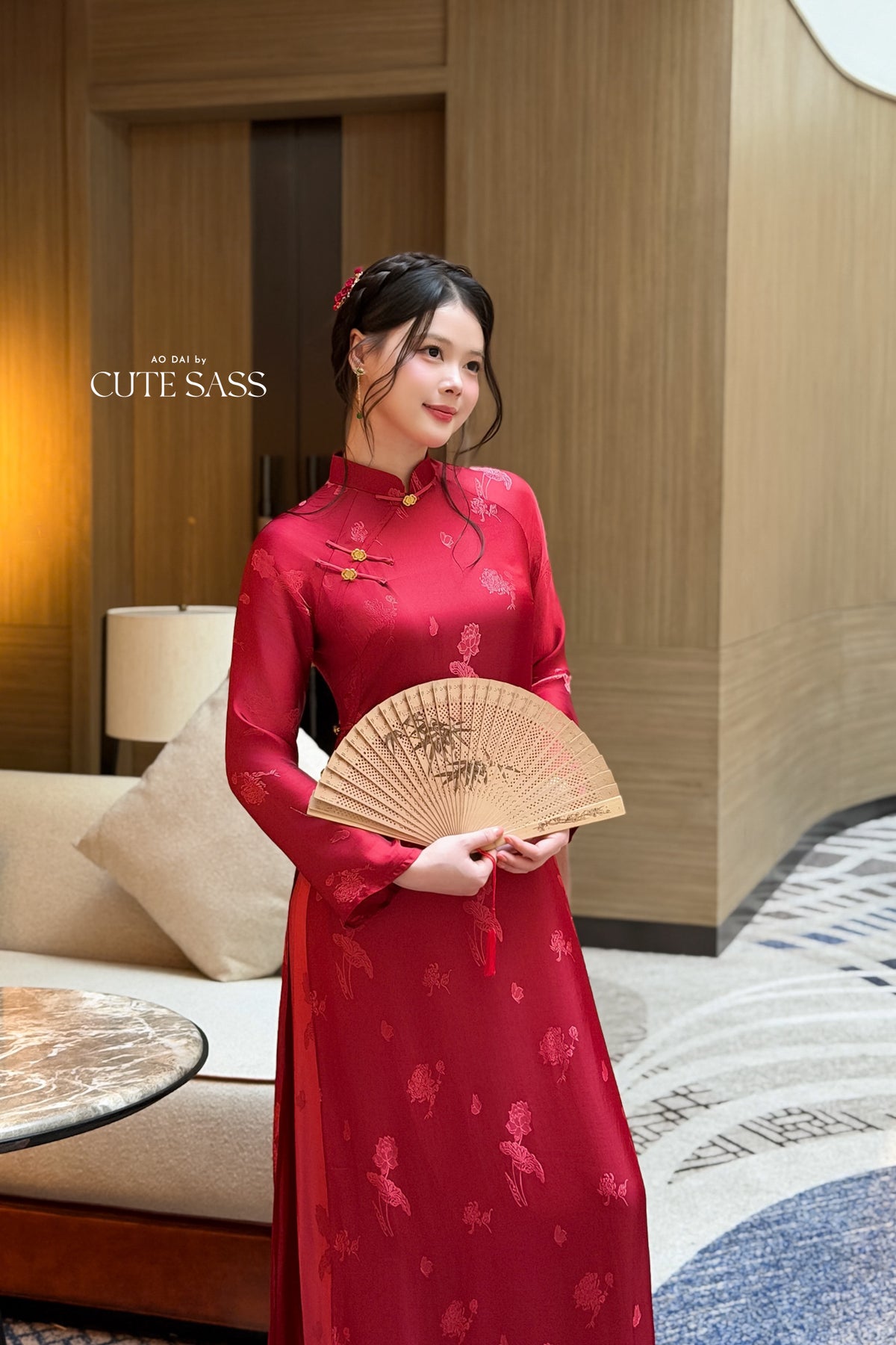 Red Silk Long Sleeve High Collar Ao Dai Set