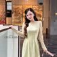 Linh Vy - Green Lace Round Collar Puffy Sleeves Ao Dai Top Only, No Pants