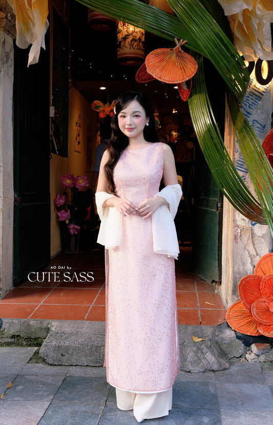 Linh Vy - Muse Light Pink Sleeveless Ao Dai Top Only and Shoulder Strings, No Pants