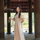 Tan Mesh Pearl Neckline Wing Sleeves Ao Dai Top Only (NO PANTS) 7b