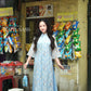 Blue Chiffon Vintage Floral Ao Dai Top Only, NO PANTS