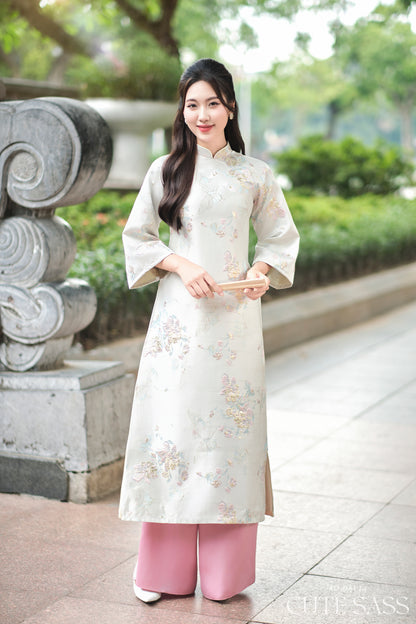 Cream and Gold Butterflies Garden Shifted Ao Dai Set 18D