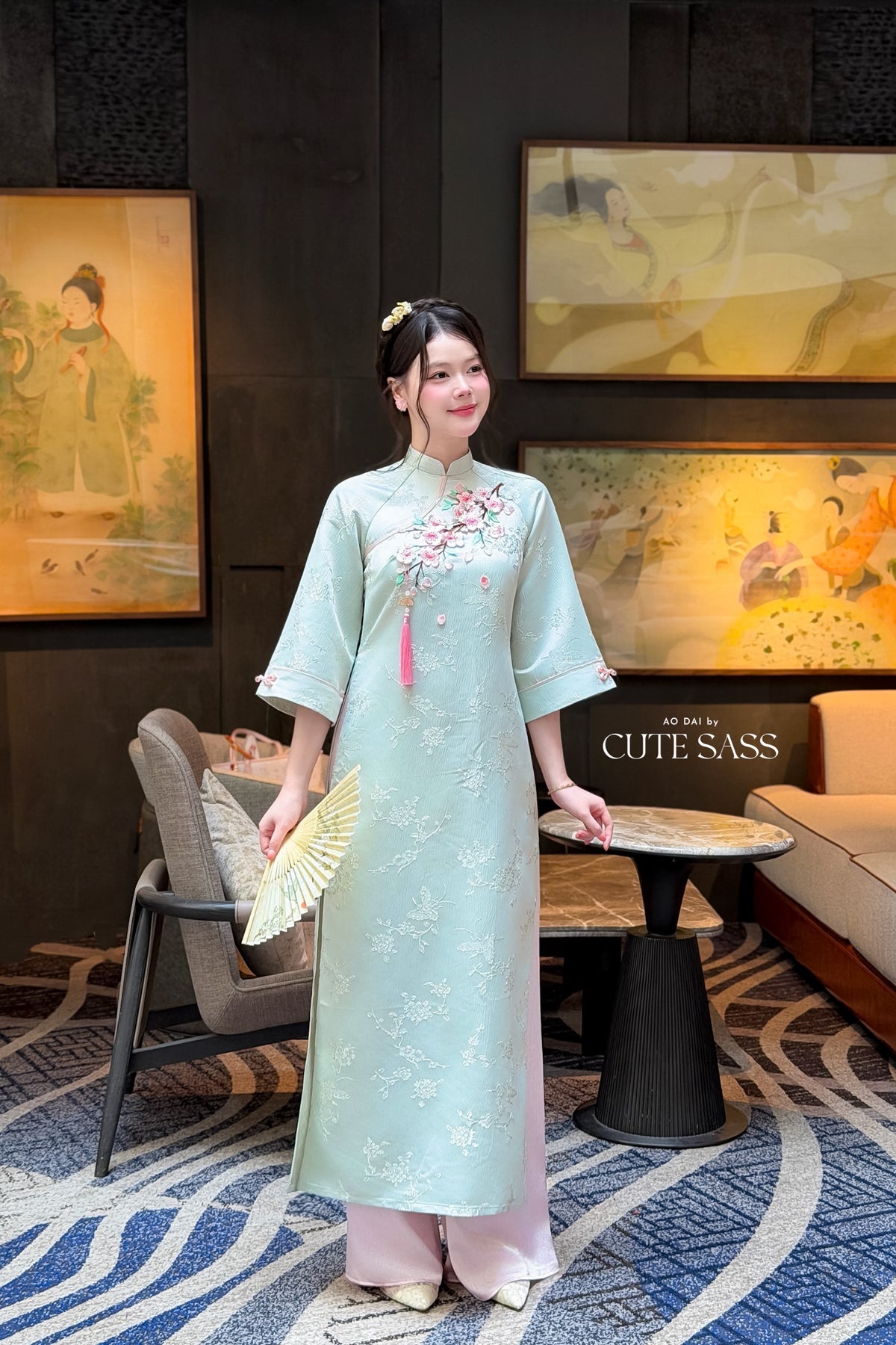Cyan Mid Sleeve 3D Cherry Blossoms Ao Dai Top Only, No Pants