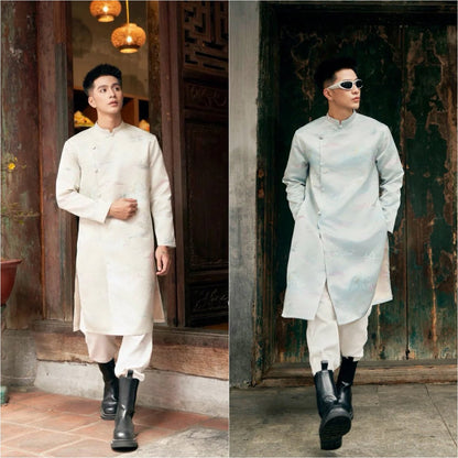 Men Silver Mountain Cream/Blue Shiny Gam Ao Dai Top 4C,8D,55B