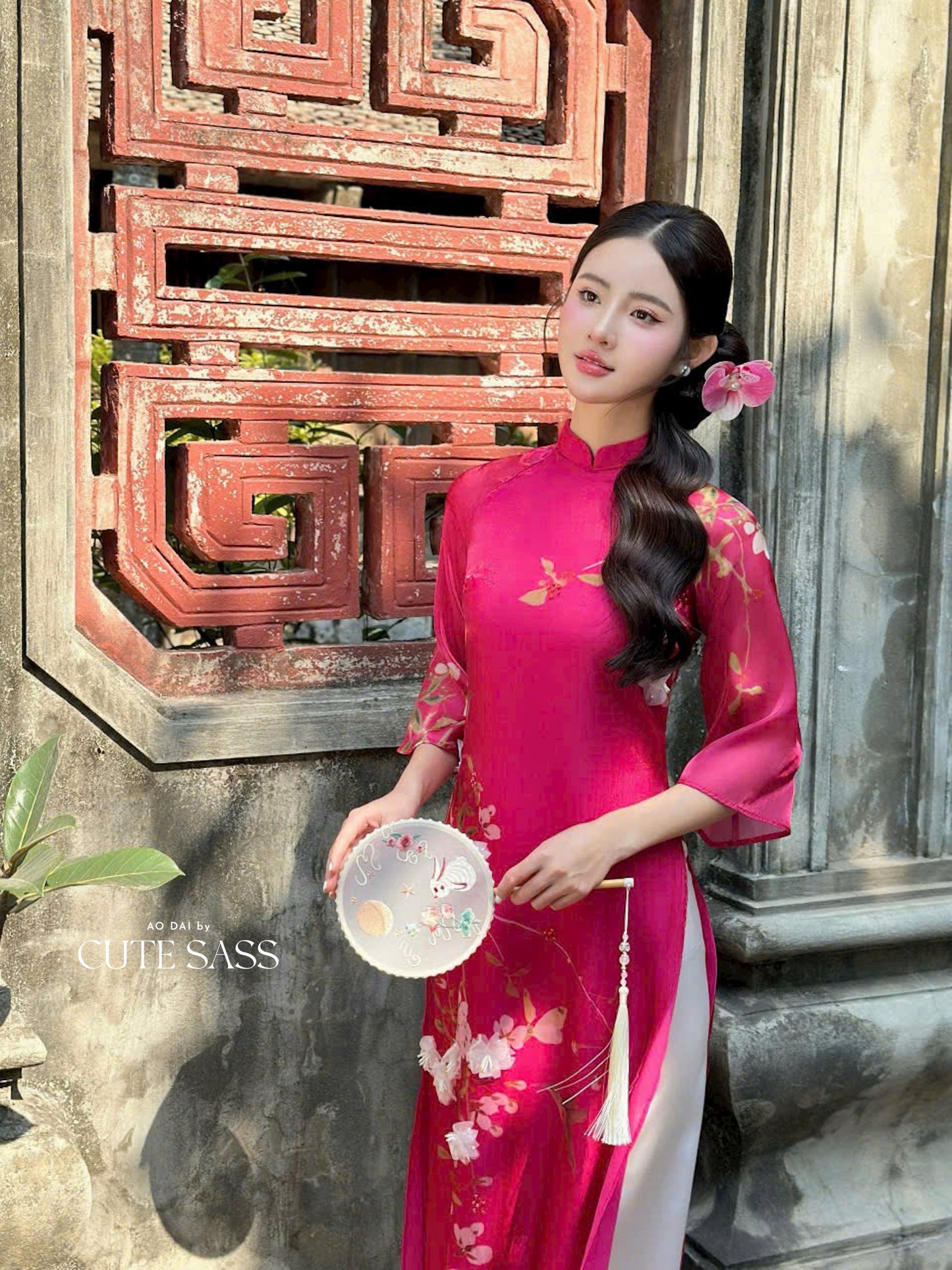 Fuchsia 3D Branches Ao Dai Set 1B