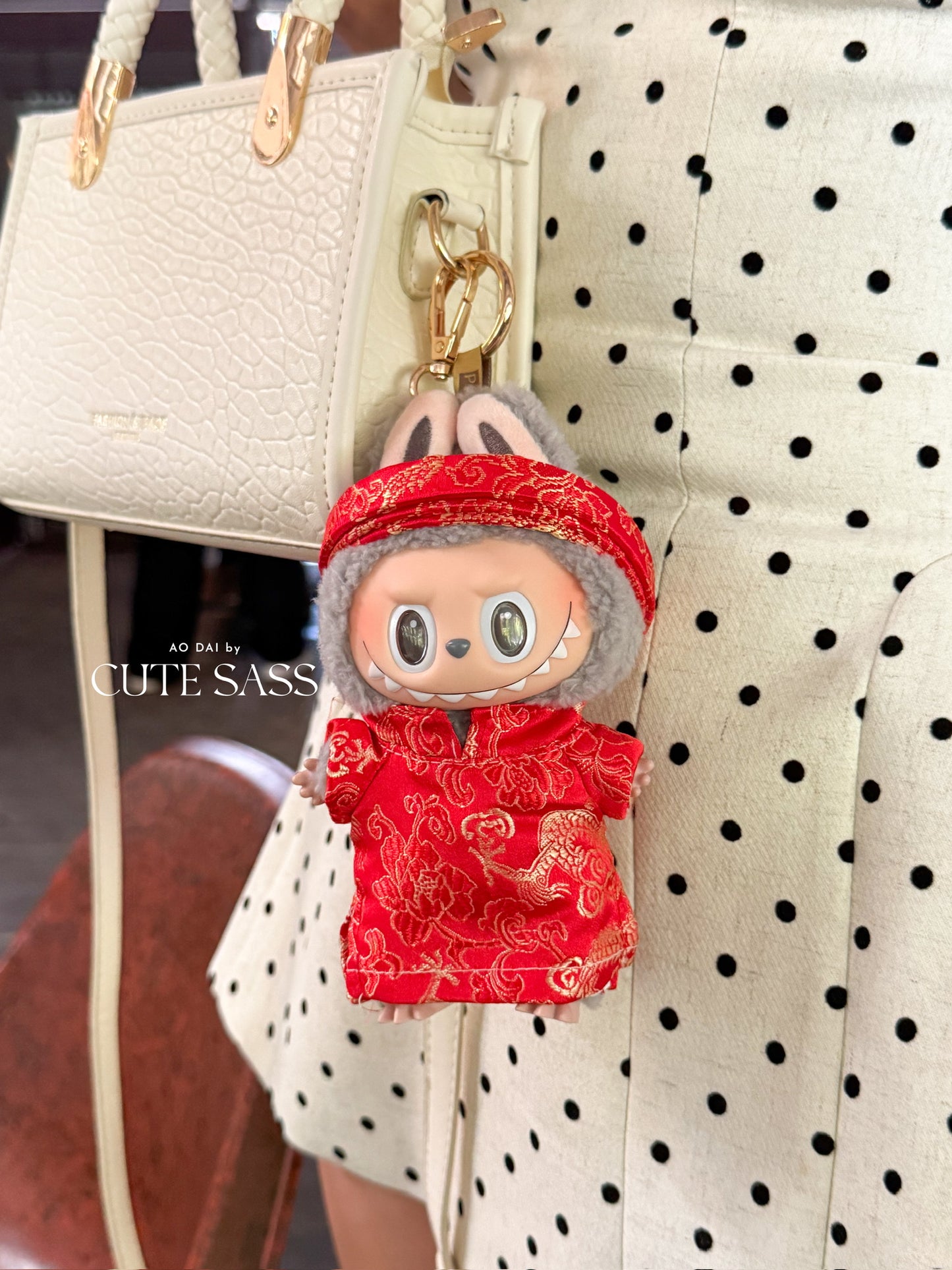 Red Gam Vietnamese Ao Dai Set for Labubu – Includes Pants & Headband (Doll Not Included)