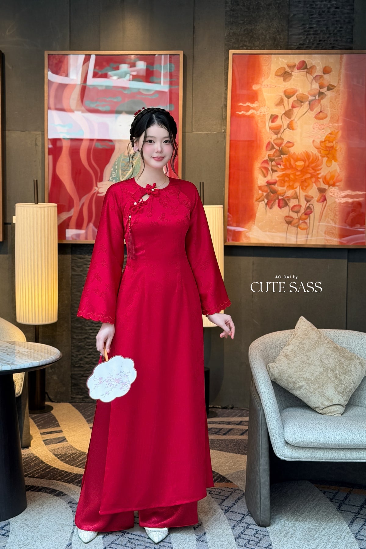 Red Silk Long Sleeve Round Collar Bow Ao Dai Top Only, No Pants