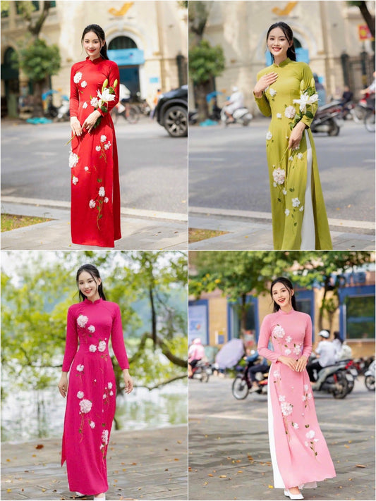 HOADINH5953 Traditional Vietnamese Ao Dai set, Ao Dai and Pants, round  neck, 4D print pattern, Thai Tuan Silk material, Black, X-Large :  : Clothing, Shoes & Accessories