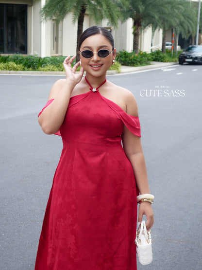 Linh Vy - Hush Red Halter Off Shoulder Wing Sleeve Ao Dai Top Only, No Pants 27C28B