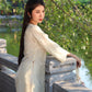 Cream Shifted Embroidered Chiffon With Pearls Neckline Ao Dai Set