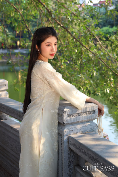 Cream Shifted Embroidery Lion With Pearls Neckline Ao Dai Set