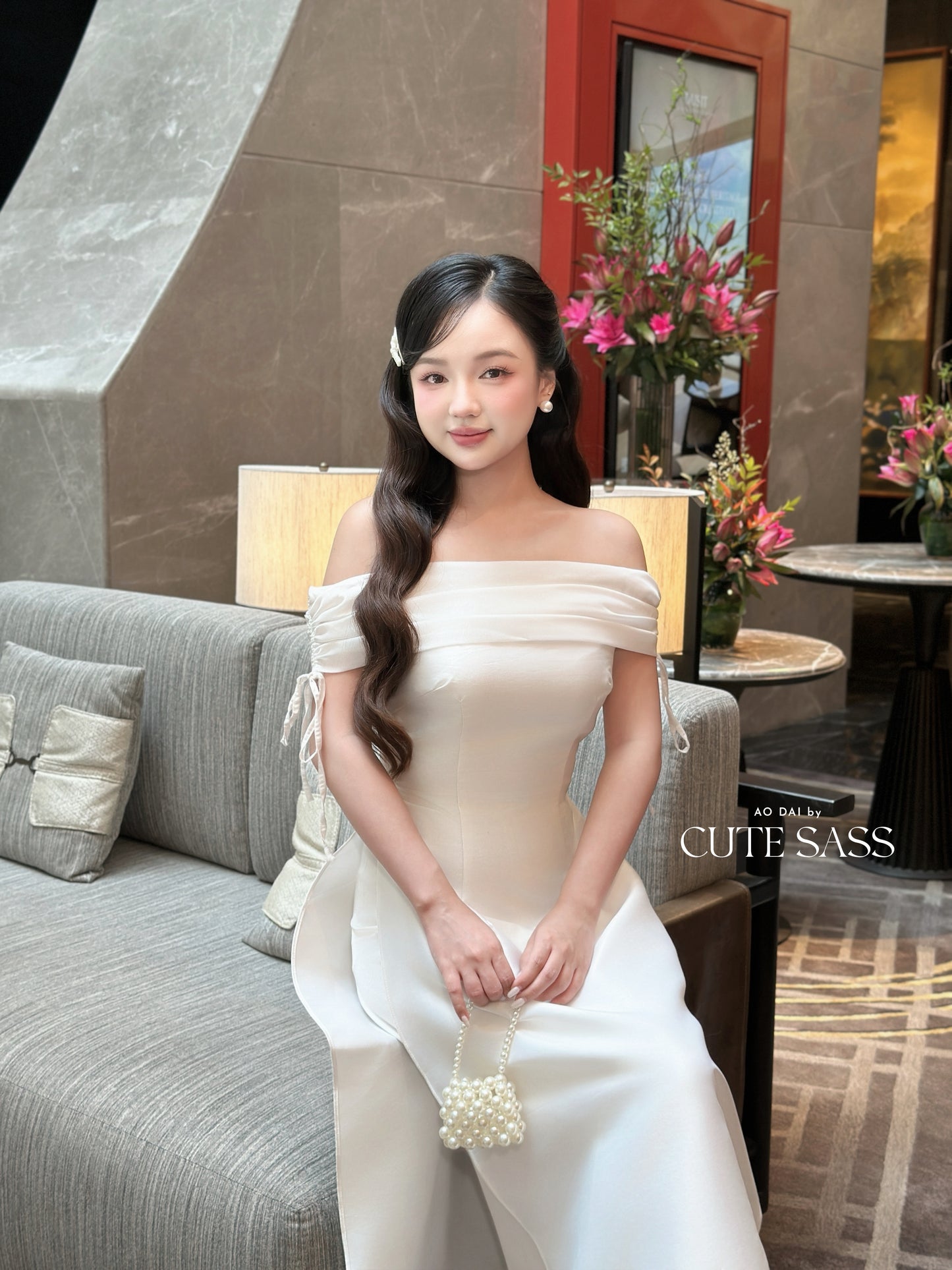 Linh Vy - Aura White Off the Shoulder Ao Dai Top Only, No Pants
