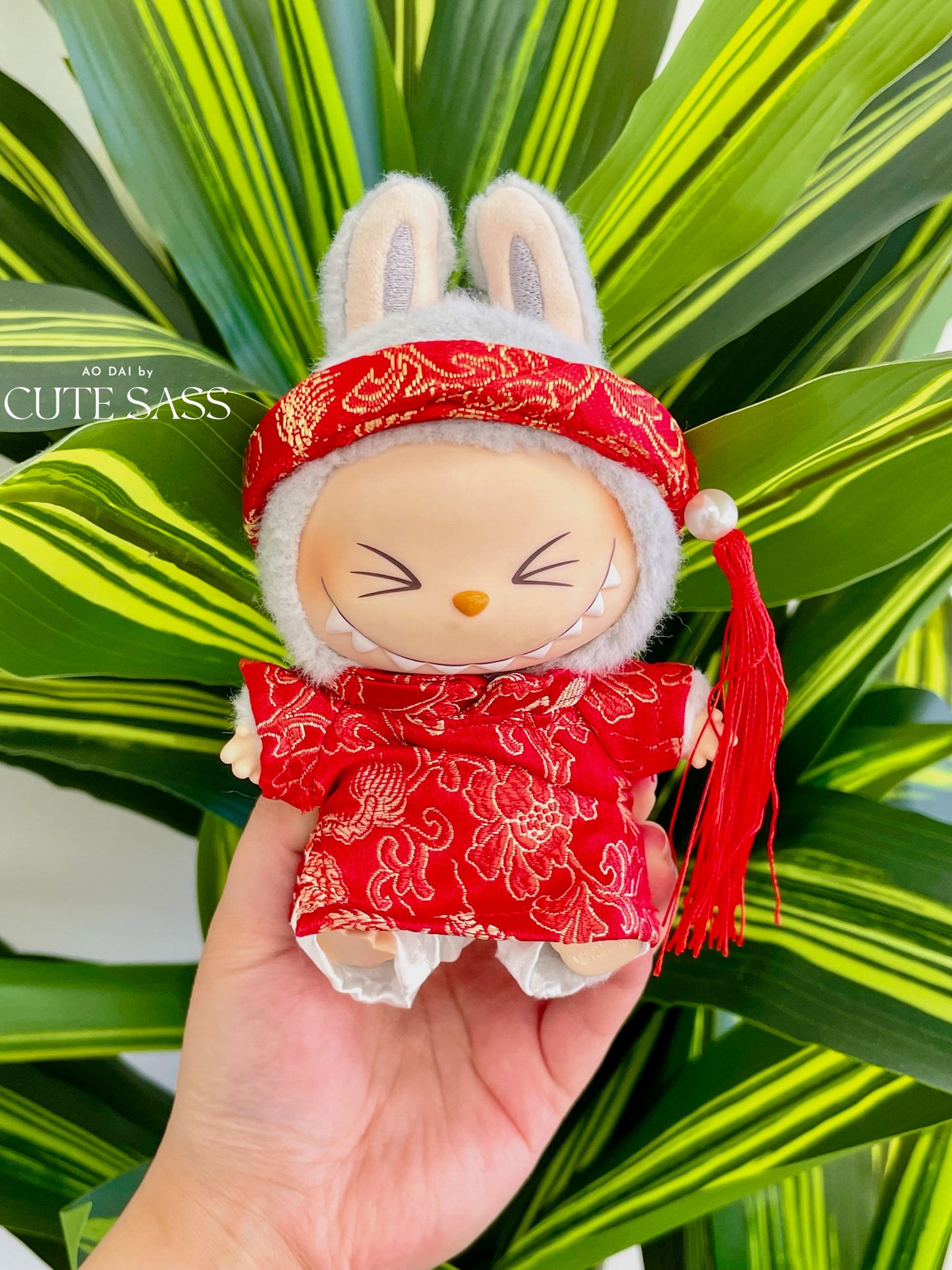 Red Gam Vietnamese Ao Dai Set for Labubu – Includes Pants & Headband (Doll Not Included)