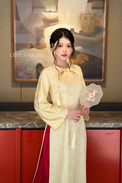 Yellow Silk Long Sleeve Round Collar Bow Ao Dai Top Only, No Pants