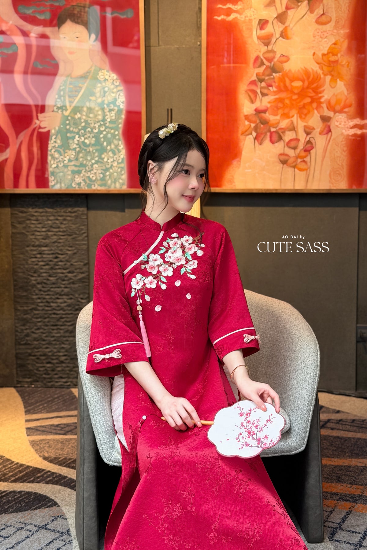 Red Mid Sleeve 3D Cherry Blossoms Ao Dai Top Only, No Pants