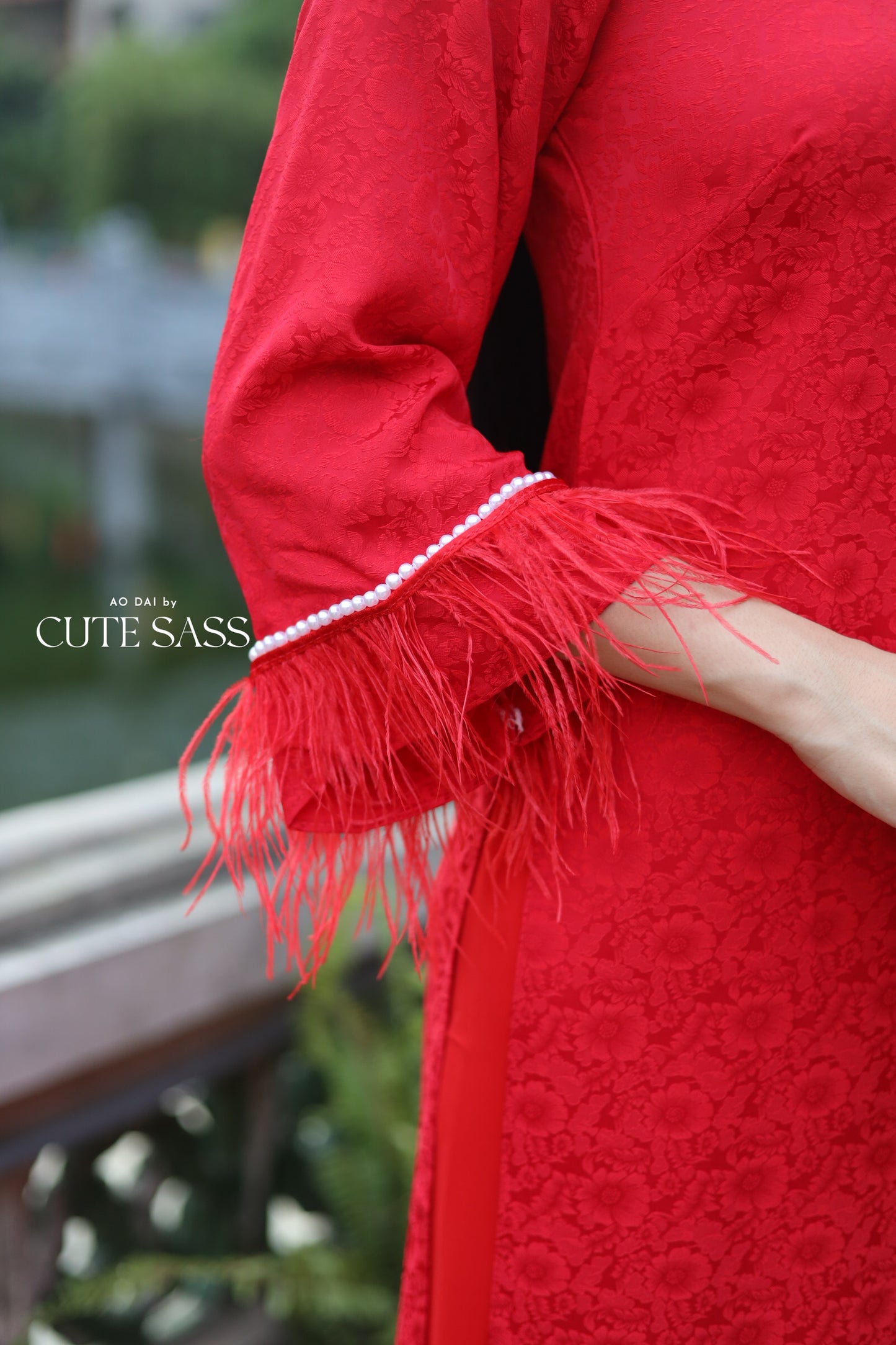 Red Gam Feather Ao Dai Set Wide Sleeves