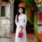 Linh Vy - Haze Cream Teardrop Cutout Red Knot Ao Dai Set